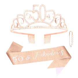 CURASA Birthday Sash and Crown for Women 50th Birthday Sash Rose Gold Birthday Crown Adult Women Rhinestone Birthday Tiara Rose Gold 50 & Fabulous Sash Birthday Decoration for Party Gifts