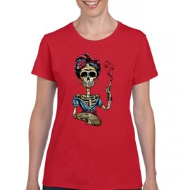 Frida Kahlo Sugar Skull T-Shirt Calavera Day of The Dead Women's Tee Red X-Large