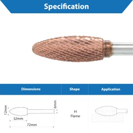 Ultra Co Coated Carbide Burr 12mm (Metric) Diameter with 6mm Metric Shank, (Specially with Chipbreaker) TJR... (Flame Shape)