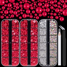 4000PCS Flatback Rhinestones and Half Round Pearls Kit #13, Multi Size Glass Clear & AB Crystals, Plastic Flat Back Red Dome Bead with Pickup Pencil and Tweezer for Nail Art