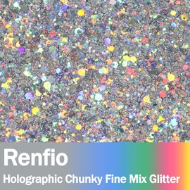 Renfio Holographic Chunky Glitter, 3.5 Oz (100g) Metallic PET Flake Mixed Fine Powder Face Glitters for Craft Resin Pigment Tumbler Ornament Painting Hair Body Wedding Decor - Diamond Laser Silver