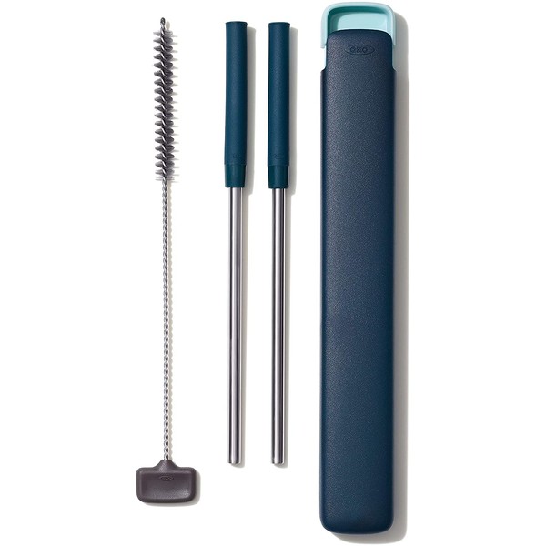 OXO Good Grips Stainless Steel 4 Piece Reusable Straw Set with Case - Green