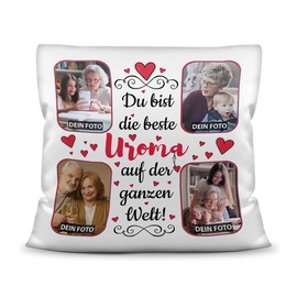 Kissen mit Füllung zum selbst Gestalten mit 4 Fotos - Für die beste Uroma - Hochwertige Kissenhülle mit Reißverschluss, Weiß, 40 x 40 cm