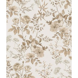Erfoni 16.9" x118" Boho Floral Peel and Stick Wallpaper Beige Flower and Leaf Contact Paper Self Adhsive Removable Wallpaper Boho Botanical Wall Paper for Bedroom Cabinets Decor Vinyl Roll Waterproof