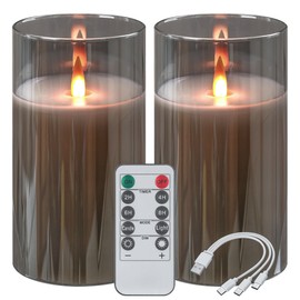 haitanghua Rechargeable Flameless Candles, Flickering LED Candles, Real Wax Candles with Remote and Timers, Glass Pillar Candles 3D Wick for Wedding Festival Home Decoration, 6" Candle Set of 2,Grey