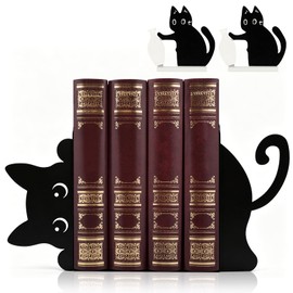 4 Items Eeping Cat Metal Bookends Cute Decorative Book Ends for Shelves, Black Cat Book Holders for Home Office Desk & Bookshelf Decor, Gift for Cat Lovers and Reading Enthusiasts