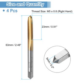 uxcell 4pcs Straight Flute Thread Tap, M5 x 0.8 Metric Titanium Coated Screw Threading Tapping Tool Thread Milling Machine Taps, M35 High Speed Steel with Cobalt