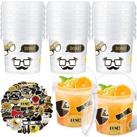 PerKoop 20 Pcs 32 oz Ice Cream Buckets with Lids and Handles Clear Cocktail Rum Buckets for Drinks with 200 Grad Stickers Plastic Transparent Tub Reusable Food Storage Containers for Parties