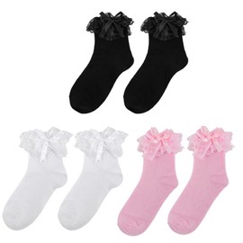MKYSZLT Women White Ruffle Socks,Adult Frilly Ankle High Bow Socks with Lace Ruffles,Cute Lolita Dress Princess Bobby Sock (US, Alpha, One Size, Regular, Regular, White,Pink,Navy - 3 pairs)