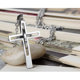 Flongo Men's Vintage Stainless Steel 2 Tone Hollowed Dual Cross Pendant Necklace, Silver, 22 inch Chain