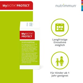 nutrimmun MyBIOTIK?PROTECT I made by nutrimmun I For 15 days I 11 active bacterial cultures I Proven strain specificity I Vitamin B2 I Powder I Vegan I Gluten-free I Lactose-free I Laboratory tested