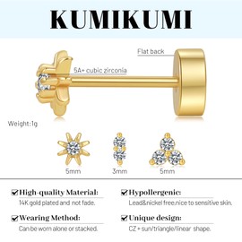 KUMIKUMI Gold Studs Earrings for Women Cartilage Hypoallergenic Gold Studs Set Stack Cubic Zirconia Stud Earrings for Women 4/5/6/7/8MM