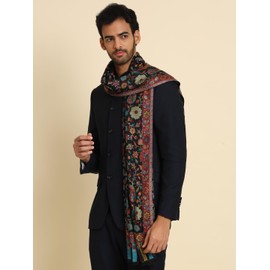 Zamour Large Indian Modal Shawl Prayer Wrap for Men, Original Kashmiri Kani Weave, Dense Colorful Patterns (Black)