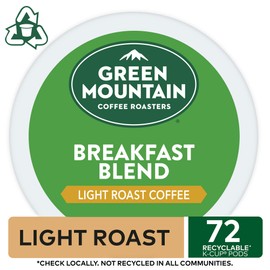 Green Mountain Coffee Roasters Breakfast Blend, Single-Serve Keurig K-Cup Pods, Light Roast Coffee Pods, 72 Count