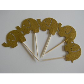 24 Large Gold Glitter Elephant cupcake toppers food picks birthday party baby shower supplies