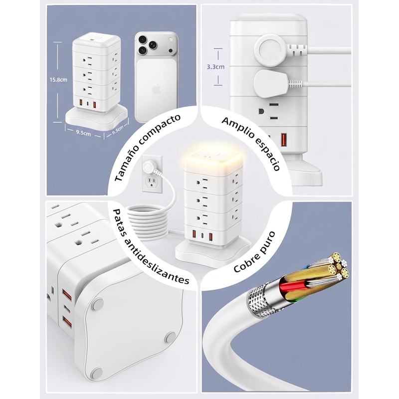 LUKITO Regleta Torre Multicontacto con Luz Nocturna, Extension Electrica 3M,Conector