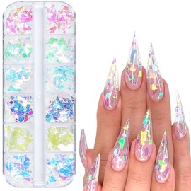 Iridescent Glitter Nail Art Sequins, Holographic 3D Irregular Ultra Thin Nail Art Glitter Flakes Design, Shiny Mermaid Transparent Nail Glitter Slices Supplies for Women Girls Manicure Decorations