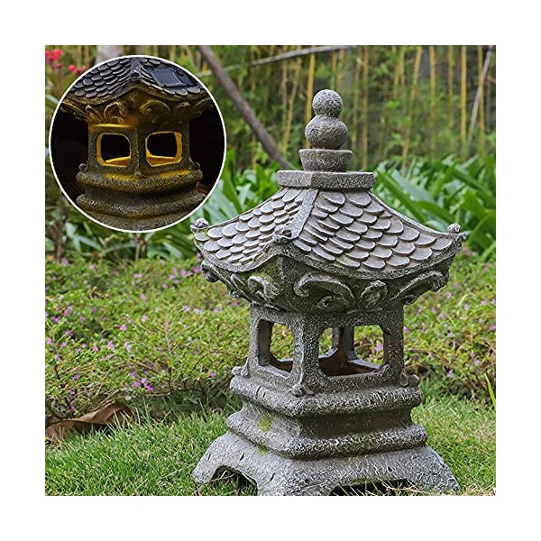 Aloak Asian Solar Zen Pagoda Garden Statue 14 Inch, Outdoor Japanese Lamp Lantern for Home Garden Landscape Décor (14 inch Pagoda)