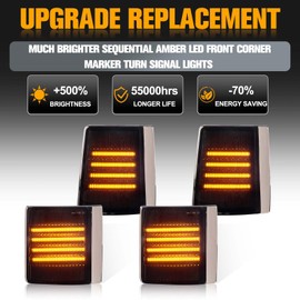 Gempro Sequential Amber LED Corner Side Marker Turn Signal Lights for 1995-1999 GMC Truck Suburban C/K 1500 2500 3500 Yukon Front Uper & Lower Grill Lights, 4PCS (Smoked Len)