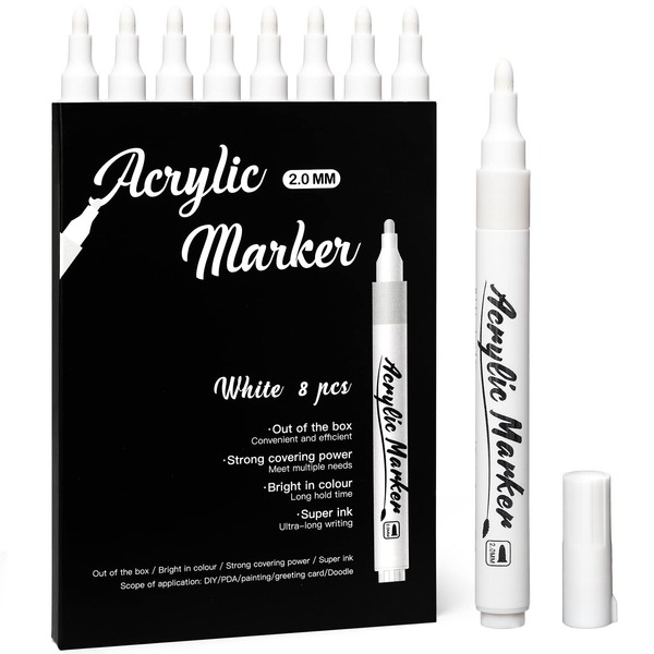 Mzh Art White Pen, 8 pennarelli bianchi, punta fine, in acrilico, per carta nera, schizzi, legno, rocce, pneumatici, plastica, pelle, vetro