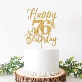 Decoración para tartas de feliz cumpleaños 76, decoraciones de cumpleaños 76 para hombres/mujeres, saludos a 76 años, Hello 76, suministros para fiesta de feliz cumpleaños 76, purpurina dorada