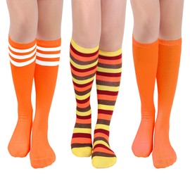 LPMOERA Knee High Socks for Woman Long Tall Tube Athletic Cotton Tall Socks Baseball Softball Socks, 3 Pack Orange,orange/White,colorful Stripe, One Size Tall
