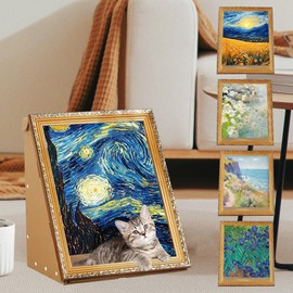 Art 3D Oil Painting Cat Nest for Artist Kitten Art Frame Cat Bed with Scratching Board Cat Scratch Pad for All Seasons Indoor Cat Toy House (Starry Night, Vintage Frame)