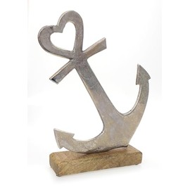 TEMPELWELT Decorative Figure Anchor 19 x 23 cm, Aluminium Mango Wood, Decorative Stand Ship Anchor, Wooden Stand, Maritime