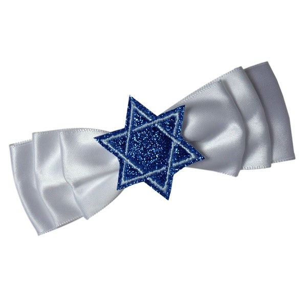 Funny Girl Designs White Satin Hanukkah Glitter Blue Star of David Hair Bow