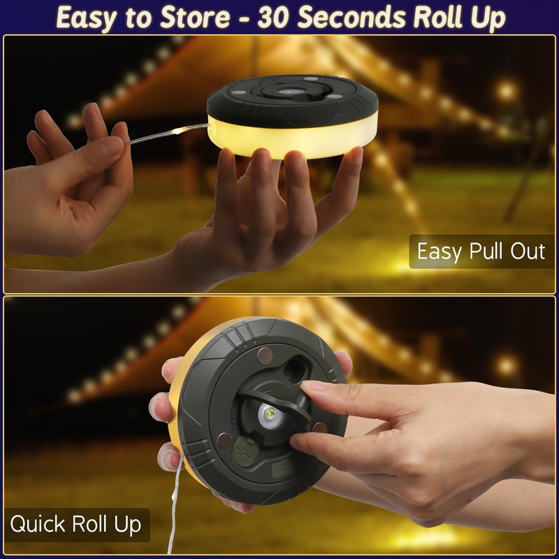 Camping String Lights, Rechargeable Tent Lights String with 8 Lighting