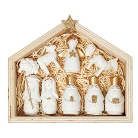 DN DECONATION Set de pesebre navideo, escena de Natividad con figuras pequeas - Estatua de familia santa en blanco y dorado para decoracin de mesa,...