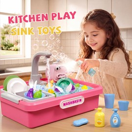 Play Sink with Running Water,Kitchen Play Sink Toys for Boys,Upgraded Real Faucet and Play Dishes,Pretend Role Play Toys for Girls Boys,Birthday Gifts for Kids 3-5,Practice Cleaning,Pink