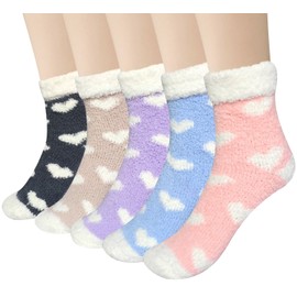 Loritta 5 Pairs Womens Fuzzy Socks Winter Warm Cozy Fluffy Super Soft Slipper Socks,A - Love Heart Patterned