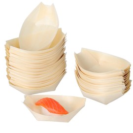 Garneck 300Pcs Mini Sushi Wood Boat, Disposable Wooden Food Serving Bowls, Japanese Style Snack Containers, 3.34 x 2.36 x 1.18 Inch, Khaki