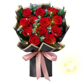 Mosstory Flower Bouquet 12-Piece Red Preserved Roses Bouquet with Led Lights Gift for Women Wife Mother Day Wedding Anniversary Birthday (Black)