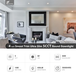 mw 4 Pack 4 Inch Ultra-Thin LED Recessed Light with Junction Box,5CCT,Dimmable Recessed Lighting 4 inch,Smooth Trim,650LM High Brightness Downlight, 10W Eqv 60W,Energy Star