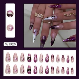 Purple Cat Eye Press on Nails Almond Shape Length Fake Nails Glossy Ombre False Nails with 3D Metal Irregular Lines Designs Acrylic Nail Press Ons Full Cover Glue on Nails for Women 24Pcs