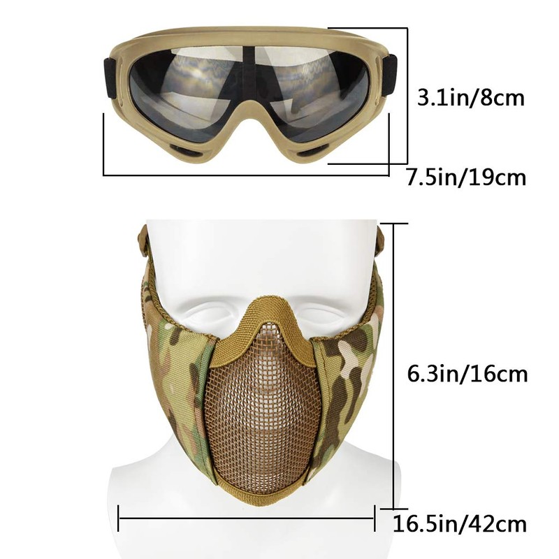 Airsoft Mask with Goggles, Foldable Half Face with Ear Protection