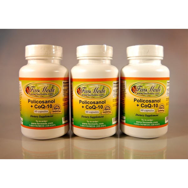 Favmedsusa Policosanol + Coq10, Polycosanol, Cholesterol Aid, Heart Health, Made in USA - Various Sizes (3 Bottles - 180 [3x60] Capsules)