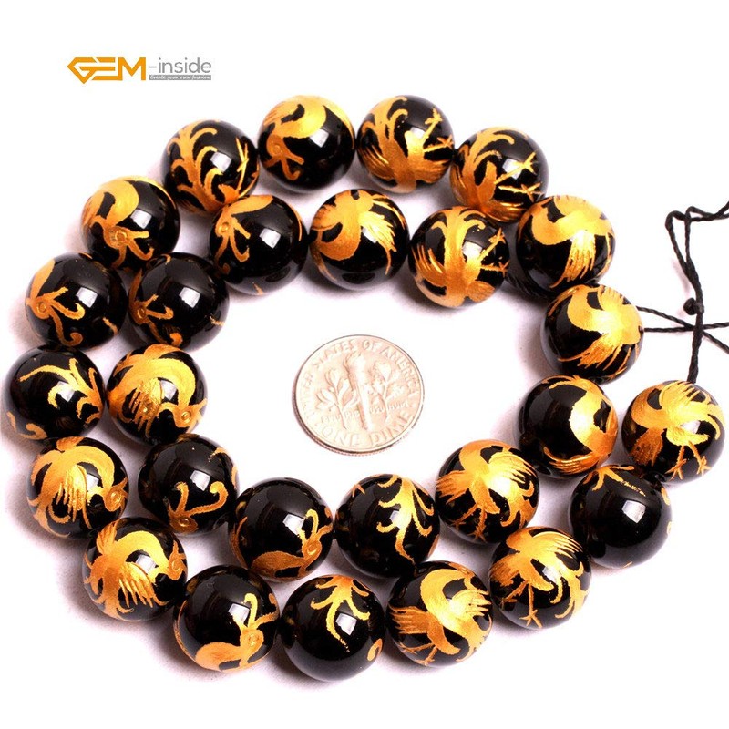GEM-inside Natural 14mm Black Agate Beads Carved Golden Phoenix Unisex