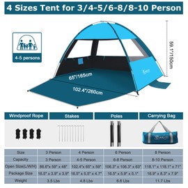 COMMOUDS Beach Tent Sun Shade for 3/4-5/6-7/8-10 Person, UPF 99+ Beach Sun Shelter Canopy Tent, Lightweight, Easy Set Up and Carry
