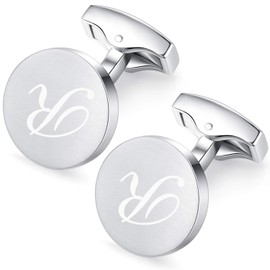 Honey Bear Initial Alphabet Letter Cufflinks for Men, Silver Round Shape Stainless Steel Wedding Business Gifts A - Z (R)