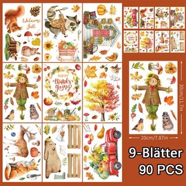 Pack of 90 Autumn Window Stickers, 9 Sheets Window Stickers, Autumn, Window Stickers for Children, Autumn, Thanksgiving Stickers, Window Stickers for Autumn, Reusable (Thanksgiving-C)
