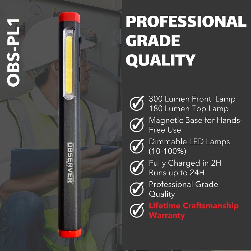 Observer Tools 300 Lumen Rechargeable Penlight: Magnetic Base, Integrated Clip,