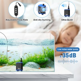 AQQA DC Aquarium Water Pump with Controller,4 Flow Adjustable,Feed Mode,IP68 Submersible Quiet Fish Tank Pump,3 Nozzles for Pond Fountain Statuary Hydroponics Freshwater Saltwater 15W 110V-240V