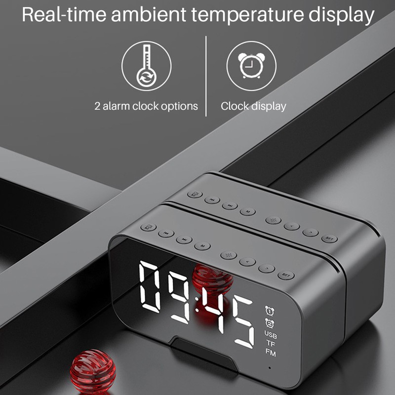 Bedside Desktop Bluetooth Mirror Surface LED Alarm Clock Speaker FM