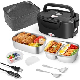 IXIIE Electric Lunch Box 80W Food Warmer for Work, 12V/24V/110V Portable Lunch Warmer for Adults with 2-Pack Stainless Steel Containers, Heated Lunch Box for Car/Truck/Office/Outdoors (Black+Black)