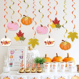 20Pcs Fall Thanksgiving Hanging Swirl Decorations, Autumn Pumpkin Maple Leaf Hanging Foil Hanging Streamers, Fall Themed Door Ceiling Decoration Party Supplies for Thanksgiving Party Hanging Decor
