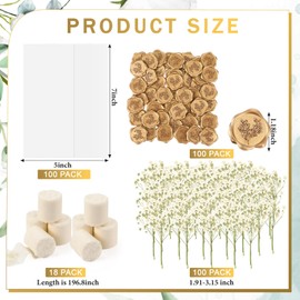 Fuyoooo 100 Set Wedding Invitations Wraps Set Pre Folded Vellum Jackets for 5 x 7 Invitations Self Adhesive Gold Wax Seal Stickers Dried Baby's Breath Flowers Chiffon Silk Ribbon for Craft DIY