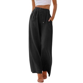 LILLUSORY Linen Wide Leg Pants Womens Palazzo Flowy Beach Vacation 2025 Summer Spring Fashion Outfits Clothes Clothing Trendy Skirt Cruise High Waisted Bohemian Travel Trousers with Pockets Black